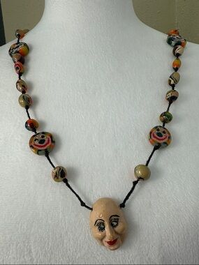 Artisan Hand Painted Face Necklace Boho Statement Beaded Unique ugly, Art